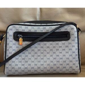 Authentic Vintage Gucci GG Monogram Canvas Black Leather Crossbody Bag